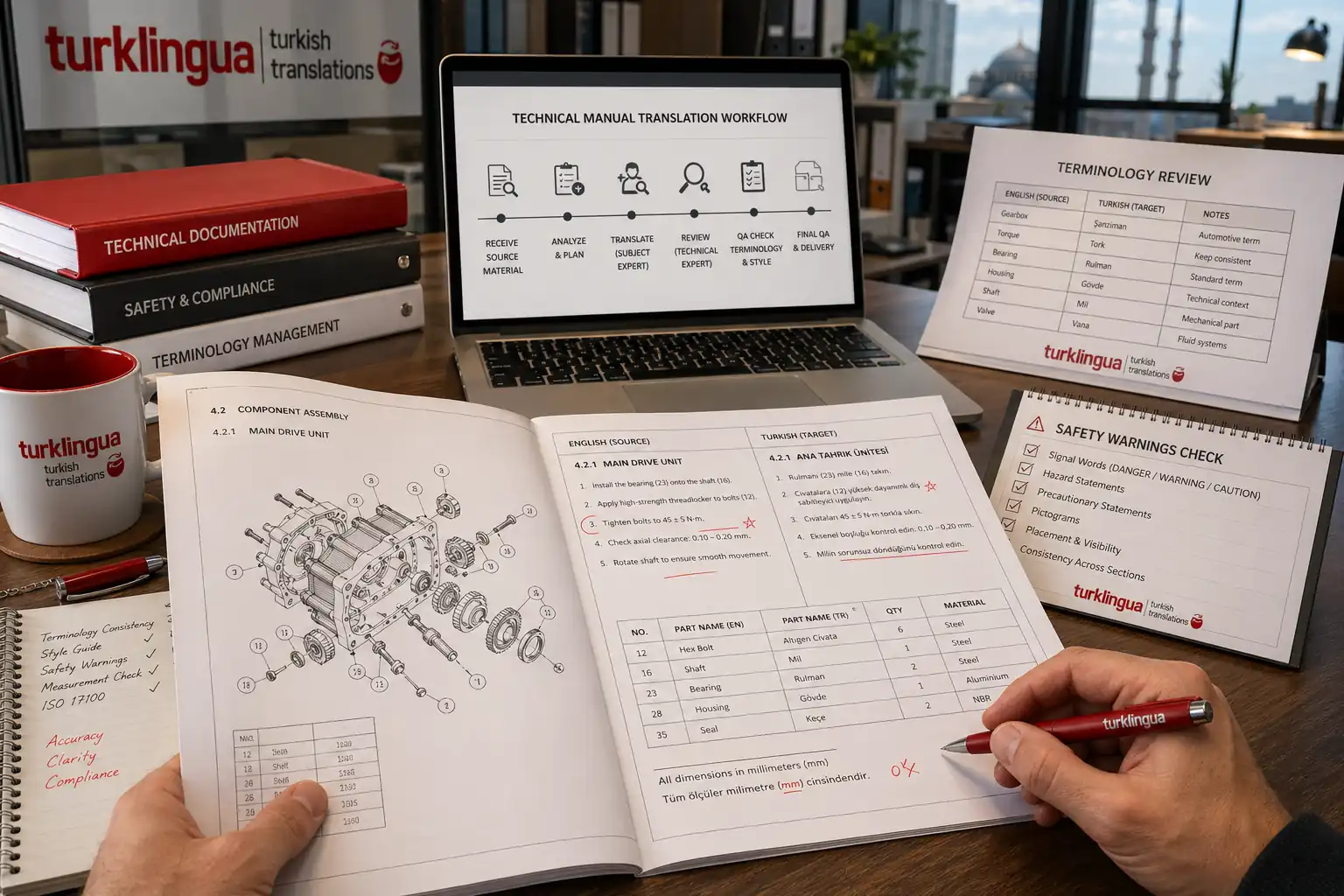 Turkish technical manual translation QA workflow with assembly diagram, warnings and terminology review